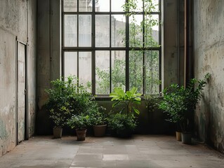 Dilapidated factory building with overgrown plants breaking through, Urban decay, Nature reclaiming industry