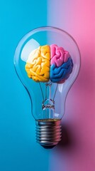 Creative light bulb with a brain inside, on a colorful background