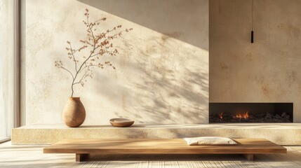 Autumn Equinox-Inspired Wabi-Sabi Living Room: Asymmetrical Stone Fireplace, Wooden Bench, and Handmade Vase in Warm Beige and Rust Tones. Gallery-Quality Rendering.
