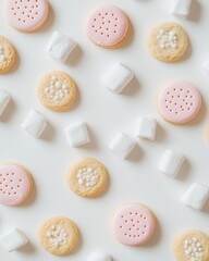 Fototapeta premium A flat lay of colorful cookies and marshmallows on a white surface.