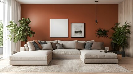 Cozy and inviting modern living room with a large comfortable sectional sofa and minimalist stylish decor  The color accent wall and potted plants add depth and a touch of nature
