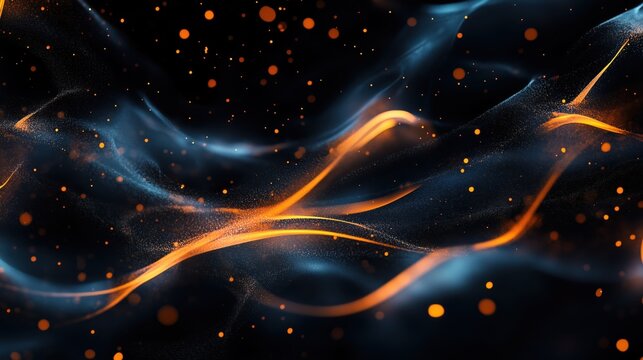 An abstract depiction featuring swirling blue and orange streaks amidst glowing particles, evoking a sense of movement and energy in a cosmic setting.