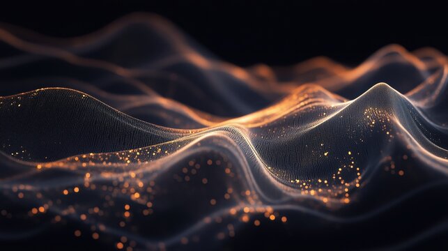 Glowing abstract waves on a dark background with numerous tiny particles, depicting a sense of mystery, fluidity, and dynamic energy in a visually compelling manner.