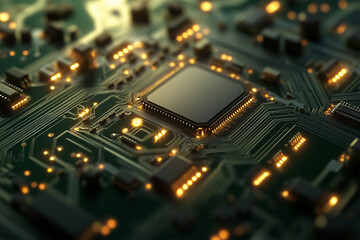 Macro shot of a glowing microchip on a circuit board, showcasing intricate details of advanced electronic components and cutting-edge technology