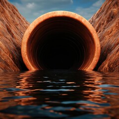 Pipe Opening Surrounded by Rocky Terrain and Water