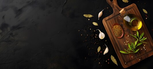 Black Wooden Cutting Board with Spices and Oil