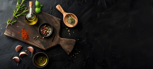 Black Wooden Cutting Board with Spices and Olive Oil
