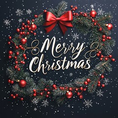 A festive Christmas wreath adorned with red ornaments, a bright bow, and snowflakes, featuring the joyful message "Merry Christmas."