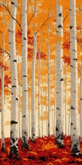 Birch trees with white bark stand tall against a backdrop of vibrant red and orange autumn foliage in a serene forest, perfect for nature-themed design, posters, or wall art.