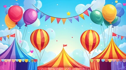Festive Carnival Scene with Bright Tents and Balloons, Vibrant Vector Illustration
