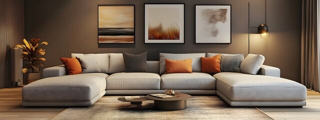Cozy and Inviting Modern Living Room with Large Comfortable Sectional Sofa Minimalist Stylish Decor Mid Century Modern Furniture and Moody Lighting in a Digital Collage