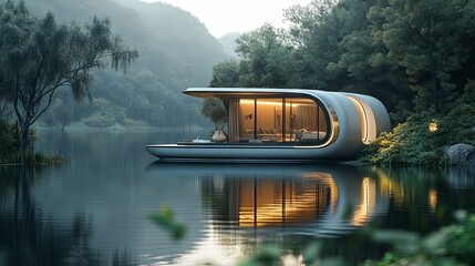Floating eco cabin boat on a serene lake