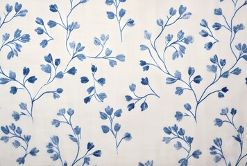 Blue Floral Vines Pattern on Linen Fabric