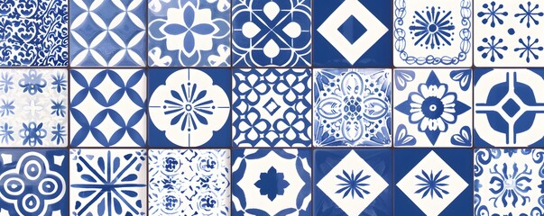 Blue and White Geometric Tile Pattern Design