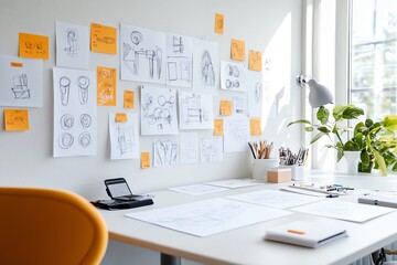 A creative workspace with mood boards, sketches, and designs pinned to the wall, showing a project in progress