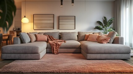 Cozy and inviting modern living room with a large comfortable sectional sofa and minimalist stylish decor plush area rug and throw blankets mid century modern furnishings