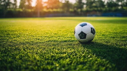 Fototapeta premium Close-up of a soccer ball on a grassy field, with space above for text, capturing the anticipation before a match starts.