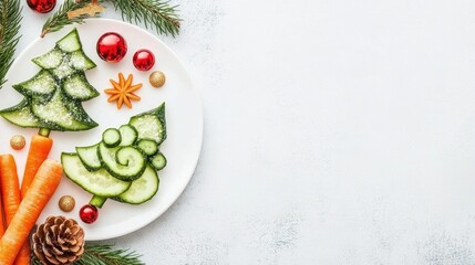 Deliciously whimsical cucumber tree art with orange stars created for a festive celebration on a light gray and green themed background