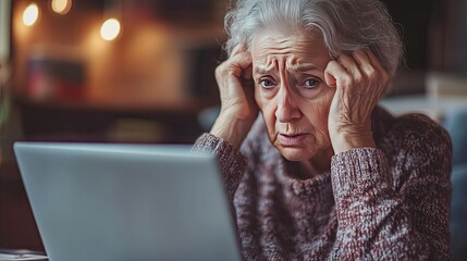 Distressed elderly woman sitting in front of her laptop, trying to resolve technical difficulties. She looks worried, possibly facing financial challenges or online identity theft.