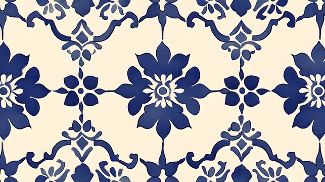 Blue and White Geometric Floral Tile Pattern