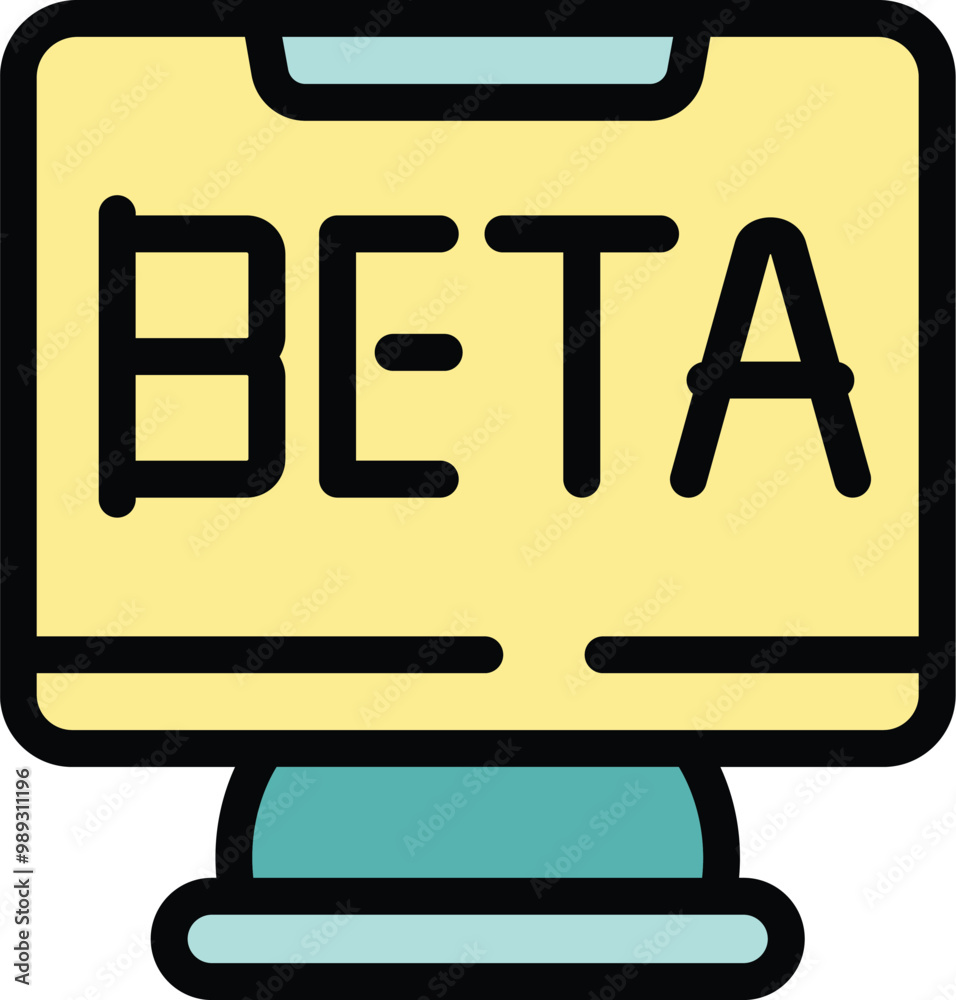 Poster this simple color icon features a desktop computer screen displaying the word beta in large letterin