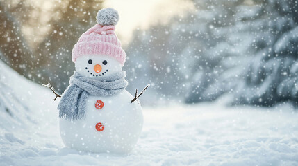 Fototapeta premium A snowman adorned with a pink hat and gray scarf, standing joyfully in a snowy landscape with copy space for mockup