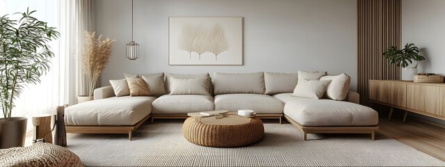 Cozy and inviting contemporary living room with plush L shaped sectional sofa muted tones natural wood and woven elements minimalist yet warm decor abundant natural lighting