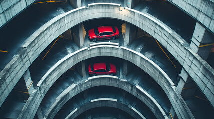 A rooftop chase scene with cars racing through a multi-story car park leaping gaps between levels.