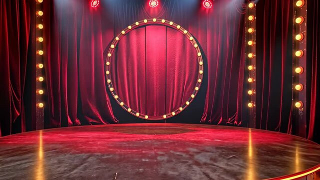 Stage setup with red curtains and bright lights for a performance at a local theater