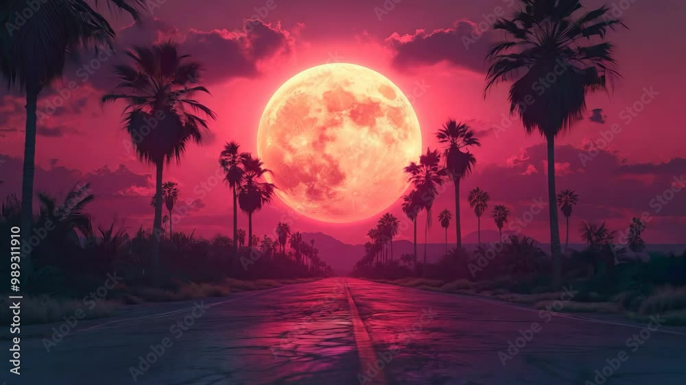 Canvas Prints a large red moon is in the sky above a road with palm trees in the background. the scene is serene a