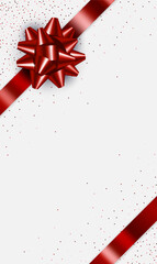 Vector vertical template with Realistic classic red shiny gift bow, ribbon and glitter isolated on white background with copy space. Greeting card, gift, promotion. Merry Christmas, Birthday backdrop