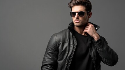 Fototapeta premium sexy young casual man in jacket holding sunglasses, holding hand behind neck in a fashion pose, standing and posing on grey background 