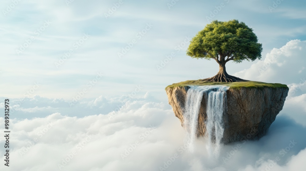 Poster A tree growing on a rock in the middle of clouds, AI