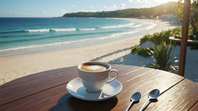 A cup of coffee with latte art on a wooden table with spoons overlooking a beautiful beach with blue ocean waves in the background.