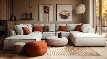 Cozy and inviting modern living room with a large comfortable sectional sofa minimalist stylish decor in earthy terracotta and neutral tones rustic wood accents vintage inspired decor