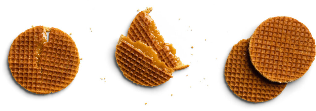 Set of Stroopwafels with Caramel Filling and Broken Pieces