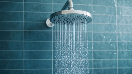 Modern showerhead with flowing water in a sleek bathroom setting.