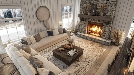 Cozy and inviting rustic living room with a warm fireplace comfortable furniture and winter landscape view in a charming cabin retreat setting
