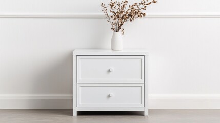 Modern white nightstand with decorative vase and dried flowers, minimalistic decor.