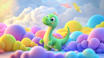 Fototapeta premium Whimsical Green Dinosaur Surrounded by Cartoon Clouds - Playful and Imaginative 3D Rendering with Bright Background | Vector Graphics Concept