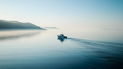 A serene morning patrol by a police boat along the coastline.