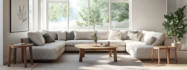 Cozy and inviting modern living room featuring a spacious L shaped sectional sofa in a neutral linen blend minimalist wooden coffee table and side tables