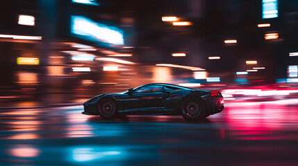 Fototapeta premium A sleek sports car drifting around a street corner under the glow of streetlights.