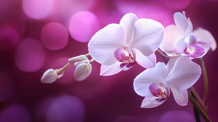 Fototapeta premium A close up of a pure white orchid against a dark plum background, emphasizing its elegance and pristine beauty