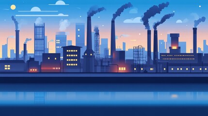 Bustling Industrial Cityscape with Smoky Chimneys and Glowing Lights
