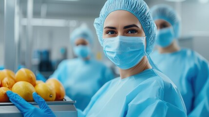 Workers in a food processing plant wearing protective clothing, Food safety, Industrial hygiene