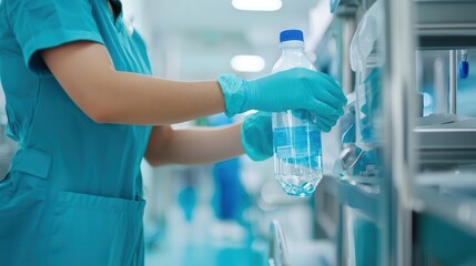 Fototapeta premium Hospital worker disinfecting medical equipment, Medical hygiene, Infection control