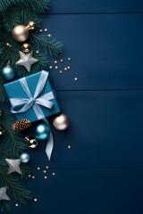 Blue Wooden Christmas Background with Gift Box