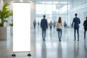 Fototapeta premium Pull up banner mockup stands in a stylish building venue with blurred people in background. Blank roll-up display for promotional or marketing content