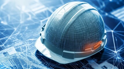 Technological Safety Gear - Hard Hat on Engineering Blueprints